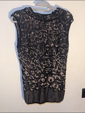 White House Black Market Black and Taupe Metallic Knit Animal Print Tank